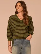 3/4 Sleeve V-Neck Tie Hem Knit Top with Jacquard Bands
