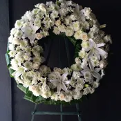 Circle of White Mums, Soft white Roses and White Lilies Wreath - F30012