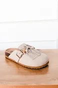 Sadie Western Fringe Beaded Flat Mules in Cream