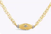 0.10 Carat Round Cut Diamond Ovoid Brushed Pendant Necklace in Two-Tone Gold