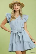 Chambray Ruffled Denim Dress with Side Pockets