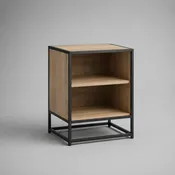 Table de chevet avec 2 niches ouvertes en panneaux mélaminés et acier, chêne naturel et noir, 45 × 40 × 60 cm