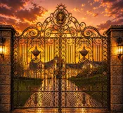 0.106″ Huge Driveway Gate with Transom Statue of Liberty – Wrought Hand Forged Iron & Bronze