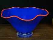 Art Glass Blue Footed Bowl with Red Rim
