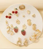 10Pc Enamel Metallic Fruit Stud And Hoop Earrings Set