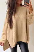Beige Cable Knit Drop Shoulder Side Slits Loose Sweater