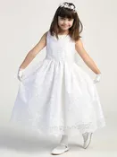 164 Girls White First Communion Dress w/ Corded Embroidery Lace