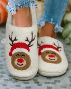 White Christmas Deer Home Indoor Plush Slippers