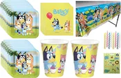 Bluey Birthday Baby Party Supplies Bundle Pack includes Lunch Plates, Lunch Napkins, Cups, Table Cover, Birthday Candles - Bundle for 16