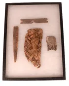 Framed Prehistoric Sandal Fragment and Wood Artifacts