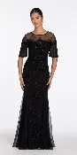 Beaded Illusion Short Sleeve Trumpet Dress with Godets