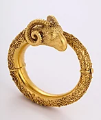 19th C. European 18kt Gold Etruscan Revival Granulated Ram’s Head Bangle Bracelet