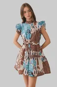 Abstract Print Ruffle Sleeve Belted Dress