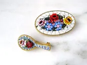 Vintage Italy Micro Mosaic Mandolin & Floral Oval Brooches Pins ETC7053