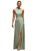 Band Collar Halter Open Back Fluid Satin Maxi Dress with Self-Tie Bow