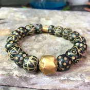 22K Gold with Black and White Ancient Etched Trade Beads Bracelet