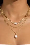 3 STRAND MIXED CHAIN PEARL DROP NECKLACE