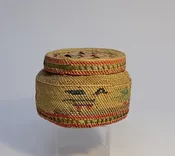 Makah Basket with Lid;  Birds and Canoe