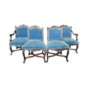 19th Century French Louis XV Chairs with Original Blue Mohair Upholstery: Set of 4 - 2 Armchairs and 2 Side Chairs