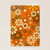 70s Retro Floral Pattern Groovy Garden Flowers in Orange and Brown Stationery Card