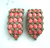 2 Vintage Pink Cabochon & Rhinestone Flower Fur Clips ETC10491