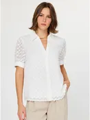 3D Floral Appliqué Split Neck Short Sleeve Button-Down Blouse