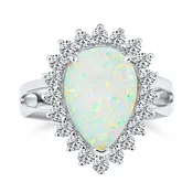 10CT Created Opal Teardrop Halo Statement Ring Sterling Silver Split Shank