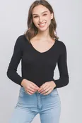 V Neckline Yarn Long Sleeve Body Suit, 2 colors