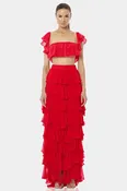 Almyra Flaming Red Ruffle Maxi Skirt With high Split