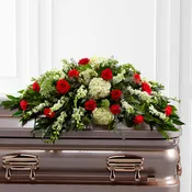 Red and White Casket Spray Ruth Messmer Florist