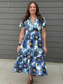 Azure Bloom Tiered Floral Midi Dress with Flutter Sleeves