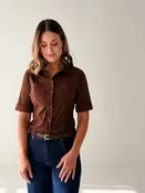 Anthem the Label Faux Suede Button Up Top in Brown
