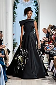 Onyx Faille Gown with Off-Shoulder Bodice and crystal Hibiscus Embroidery