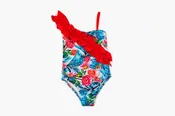 Blue Hibiscus Red Ruffle Swim