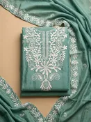 Aqua Blue Embroidery Chanderi Unstitched Dress Material