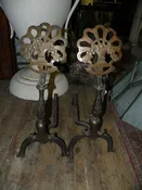 Antique Brass & Iron Andiron Set with Floral Baskets on a Sunburst