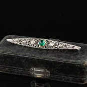Antique Art Deco 14K White Gold Old Euro Diamond Emerald Filigree Pin - GIA