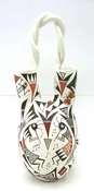 Acoma Judy Lewis Handmade and Hand Painted Polychrome Multi-Pattern Wedding Vase with Twisted Handle
