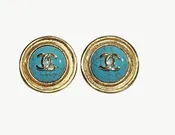 1995 Chanel CC Turquoise Cabochon Clip Earrings 95P, Gold Tone