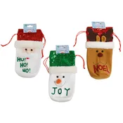 CHRISTMAS WINE BOTTLE COVER/GIFT BAG 3AST W/SEQUIN HAT SANTA/SNOWMAN/REINDEER/HEADER