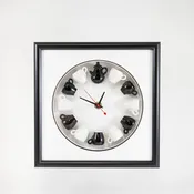 10x10 Clock with BLack and White Mugs and Teapot in a Rounded Matte and Black Frame