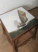 Antique Oak Tile-Top Side Table with Nautical Scene and Barley Twist Legs
