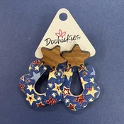 2.5" Walnut Stars & Vintage Patriotic Star Loopies- Earrings
