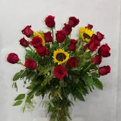 Dozen Red Roses with Sunflowers