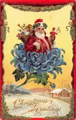 “Christmas Greetings”, Santa With Toys In Blue Flower, Vintage PC U22151