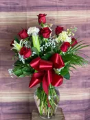 Dozen Mixed Colors Roses with Lilies