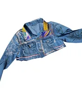 Cropped Repurposed Painted Patchwork Blue Denim Jean Jacket