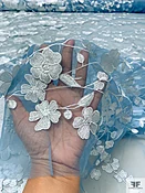 3D Floral Embroidered Tulle - Icy Blue / White