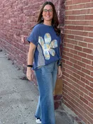 Vintage Blue Patchwork Flower Mixed Media Relaxed Top