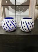 Rare 1970s Blue & White Votive Candle Holders Vintage Mid Century Decor Set of 2